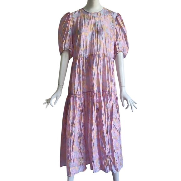 & OTHER STORIES Puff Sleeve Semi Sheer Floaty Watercolor Pastel Tiered Dress 8 - Picture 1 of 12
